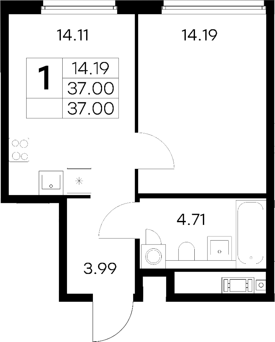 1-комнатная квартира 37 м², 11/18 эт., ЖК «Glorax City Василеостровский»